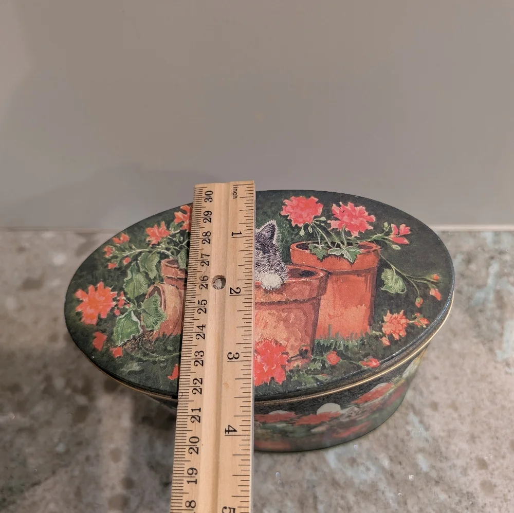 Vintage Oval Tin with Kittens Flowers and Pots
